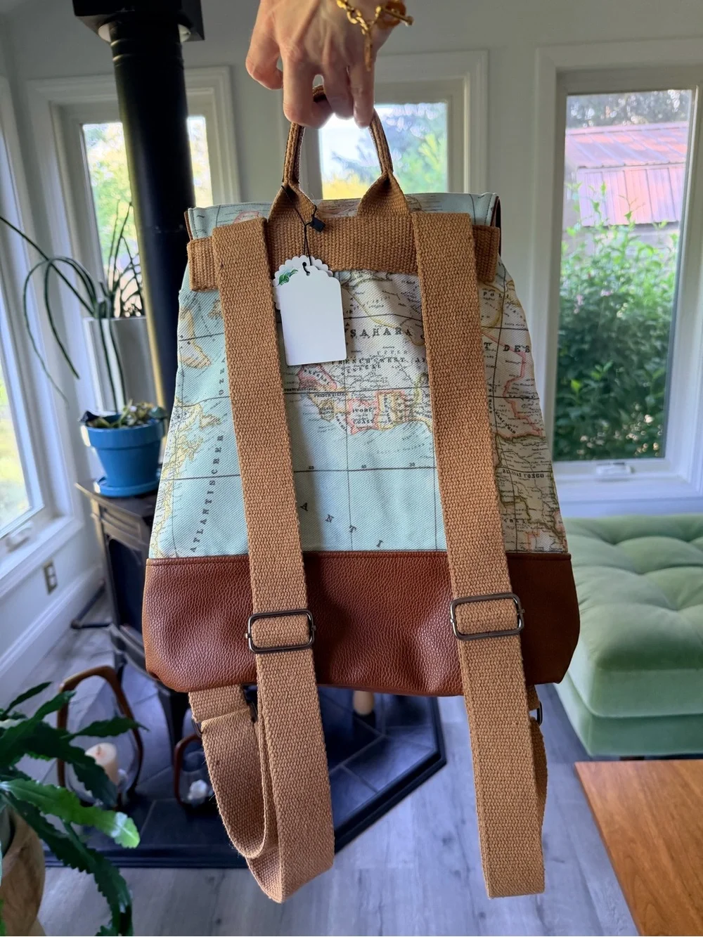 World Map Backpack w Brown Faux Leather Accents and Silver Tone Hardware NEW